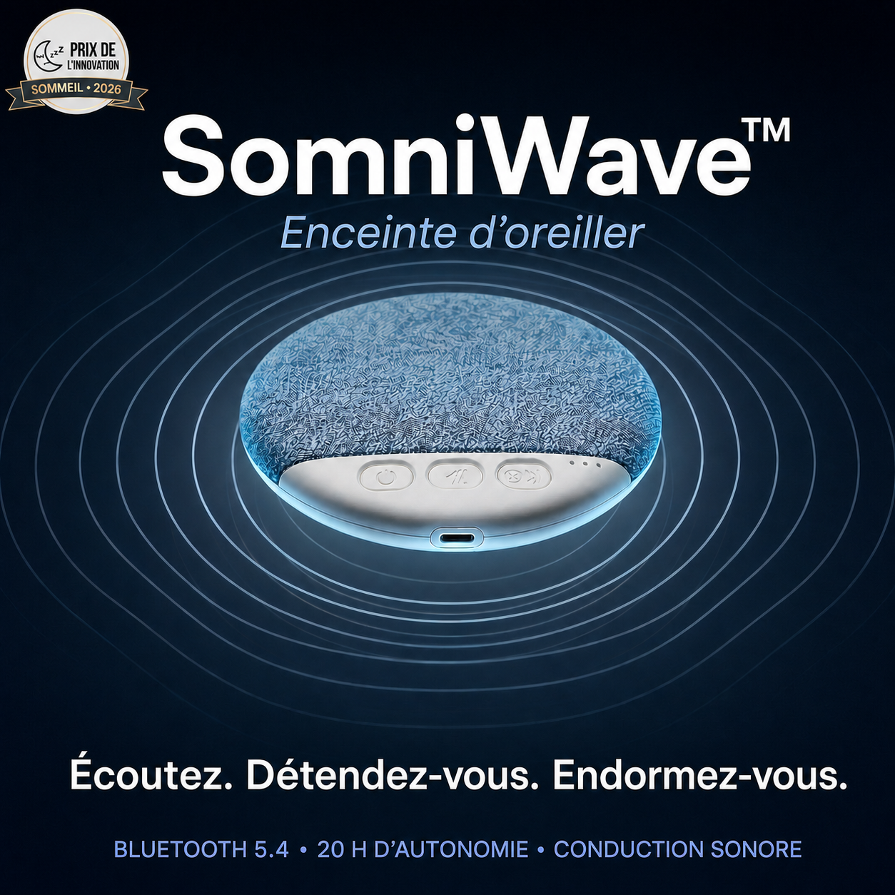 SomniWave™ — L'enceinte d'oreiller pour des nuits plus paisibles